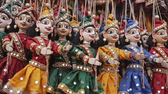 Colorful Traditional Indian Kathputli Puppets Displayed For Sale Featuring Intricate Beadwork And Vibrant Fabrics In Natural Lighting