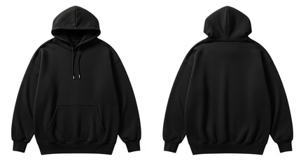 Black hoodie front and back view isolated on transparent background