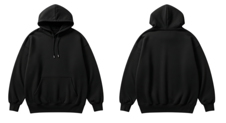 Black hoodie front and back view isolated on transparent background
