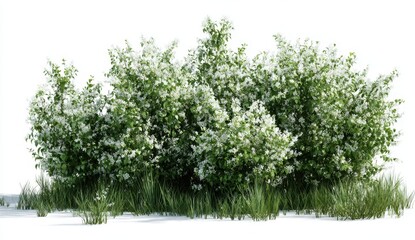 Obraz premium A lush, green shrub with abundant white flowers growing amidst tall grass on a bright, clear day