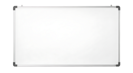 Empty gray whiteboard with silver frame isolated on transparent background