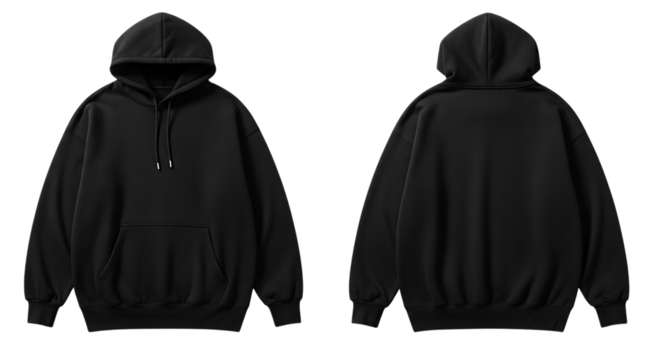 Black hoodie front and back view isolated on transparent background