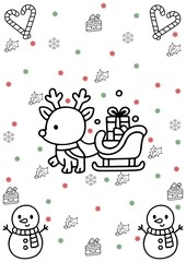 A cute Christmas-themed coloring page featuring an adorable reindeer pulling a sleigh filled with gift boxes. The illustration is surrounded by festive elements such as snowflakes, holly leaves, candy