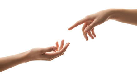 Two human hands reaching towards each other isolated on transparent background