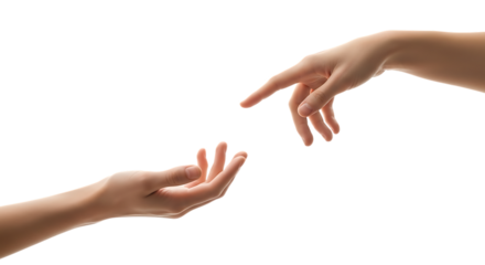 Two human hands reaching towards each other isolated on transparent background