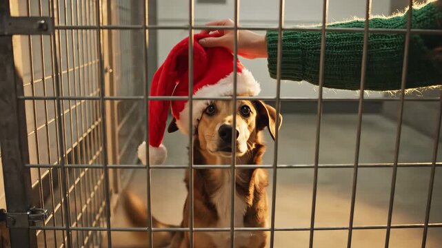 Heartwarming scene of a dog in a shelter kennel being gently adorned with a festive red Santa hat by a person in a green sweater, capturing the essence of holiday spirit and compassion in a warm,