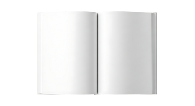 Open blank white book pages isolated on transparent background