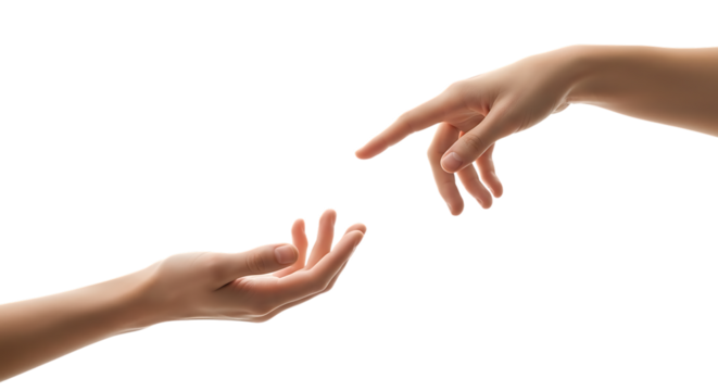 Two human hands reaching towards each other isolated on transparent background
