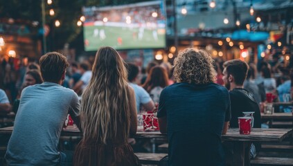 A group of young adults gathered outdoors at night watching a sports game on large screens with festive lighting creating a lively atmosphere