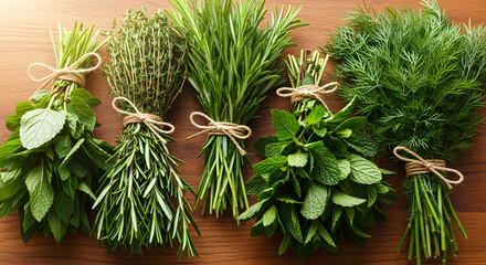 Fototapeta premium Farmers market herb bundles—rosemary, thyme, mint, dill—arranged neatly with twine on a wooden table