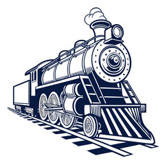 A classic vintage steam train locomotive, an oldfashioned railway engine with smoke billowing, travels on tracks, isolated on © Sp