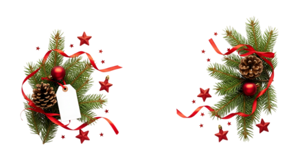 Christmas wreath decorations with pine cones and red ribbons isolated on transparent background