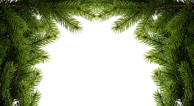 Green pine needles framing a dark empty space isolated on transparent background