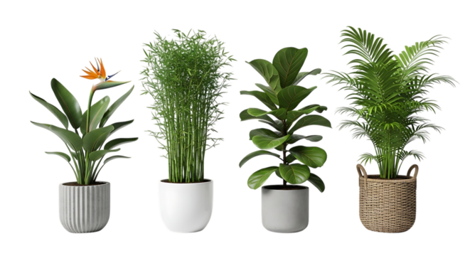 Collection of four potted houseplants isolated on transparent background - Powered by Adobe