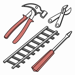 Graphic illustration of hammer, pliers, screwdriver, and train track, for construction, repair, and railway work, isolated on