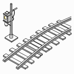 Isometric line drawing of a curved railway track with sleepers and a signal lamp, depicting train infrastructure, isolated on