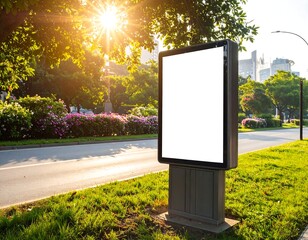Empty billboard on a lush green roadside, sun shining through trees