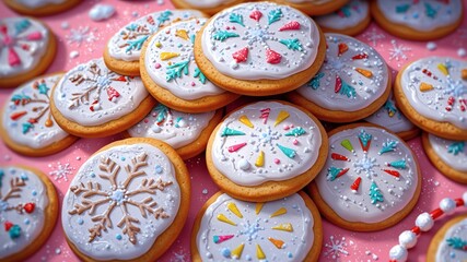 Fototapeta premium Holiday decorated cookies arranged on a pink background 