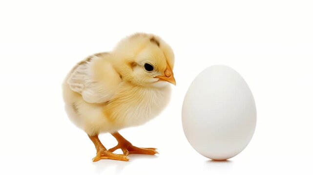A charming, fluffy yellow chick stands curiously beside a pristine white egg, captured against a clean, bright white background. The adorable baby bird, with its soft downy feathers and expressive dar