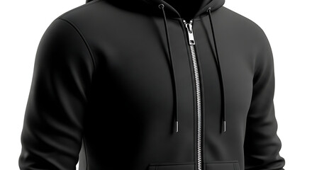 modern zip hoodie mockup, metallic zipper details, realistic fabric folds and textures, standing upright with a clean white background, high-definition lighting with shadows enhancing fabric details--