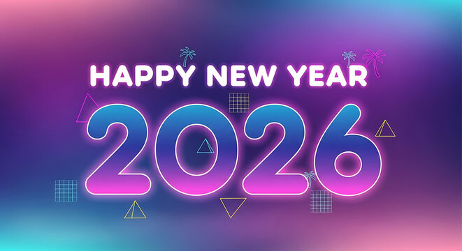 Happy New Year 2026 Neon Retro Future Celebration Background - Powered by Adobe