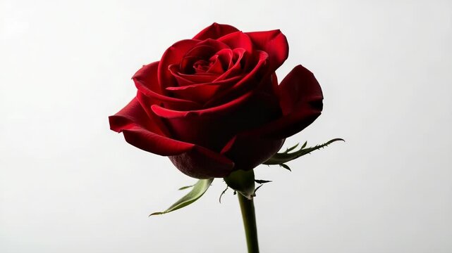 Elegant red rose isolated on white background, showcasing its velvety petals and delicate stem in full bloom
