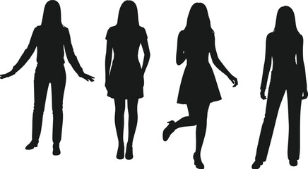 Four young women fashion model vector silhouettes posing in various casual and dress outfits, perfect for style and lifestyle content.