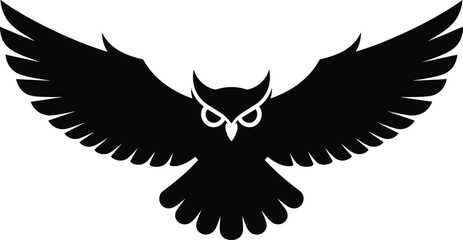 Intense flying owl vector silhouette graphic with spread wings, representing a powerful symbol of knowledge, guardianship, and nocturnal hunting.