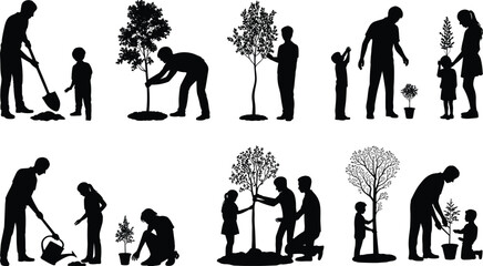 Set of people and children vector silhouettes planting, watering, and nurturing trees, symbolizing environmental conservation, growth, and earth day.