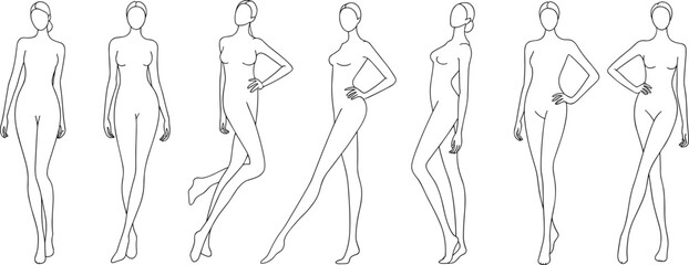 Set of seven dynamic fashion croquis vector templates of female models in active poses for apparel technical drawings and illustrations.