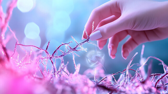 A hand gently touches vibrant, textured flora in a dreamy setting.