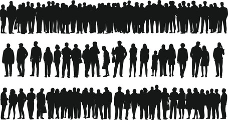 Set of three diverse rows of people vector silhouettes, representing a large crowd, public gathering, community, and social interaction concept.