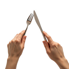 A pair of human hands holding a fork and a knife, poised as if ready to begin a meal. The background is transparent black.