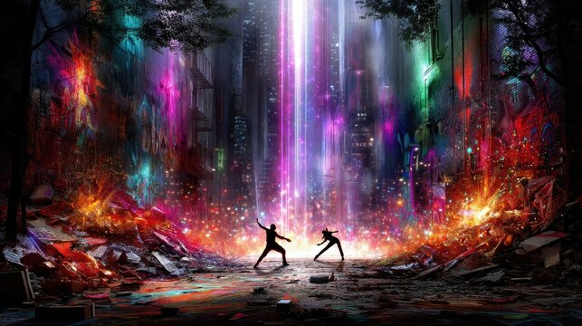 Two silhouetted figures stand in a desolate, debris-strewn urban environment, facing a vibrant, cascading waterfall of multicolored cosmic energy and light beam