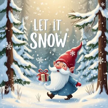 Let it Snow greeting card - cartoon gnome in red hat and blue coat holding a gift. Snowy forest, falling snowflakes, and warm glow, whimsical and festive winter atmosphere.