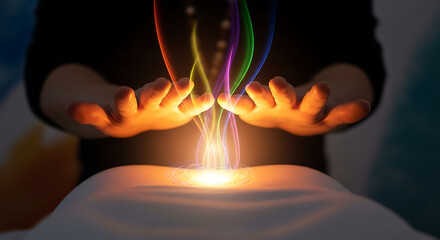 Hands positioned over body showing chakra energy face obscured reiki healing energy work spiritual h 74464068 1