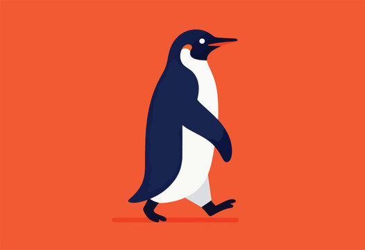 A stylized penguin walks right, composed of simple shapes on an orange backdrop. Blue body, white chest, black feet