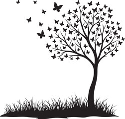 Black silhouette tree with butterflies and grass black and white
