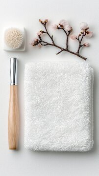 A flat lay composition of skincare tools including a facial brush, a wooden handled brush, and a folded white towel, arranged with a delicate branch of pink che