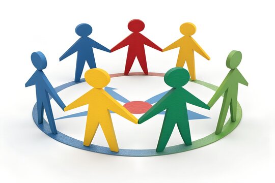 Colorful paper people holding hands in a circle symbolizing unity and teamwork