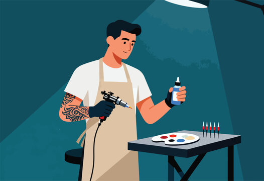 A tattoo artist, with a heavily tattooed arm, prepares ink and equipment for a session