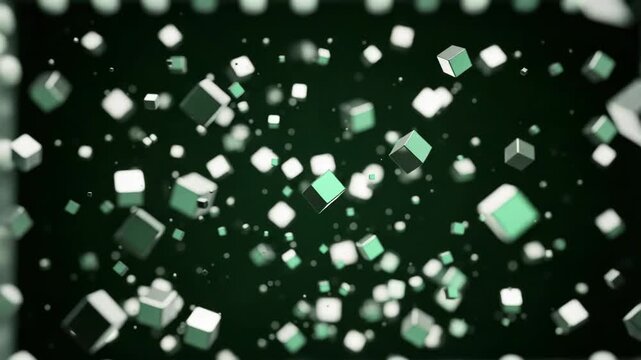Abstract 3d rendering of cubes in dark green space, geometric shapes floating in a dynamic arrangement