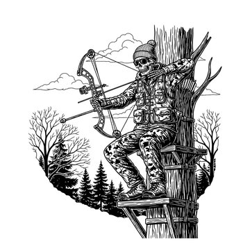 Skeleton hunter in camouflage with compound bow on tree stand in forest.