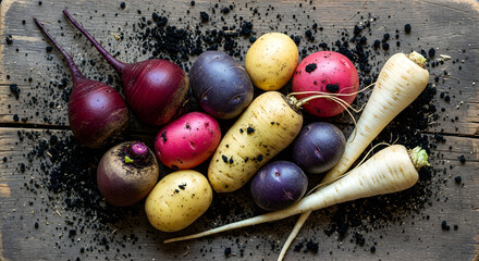 Flat-lay of mixed root vegetables—beets, potatoes, parsnips—surrounded by scattered soil crumbs on a rustic board