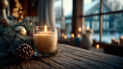 Photorealistic candle flame in a dark winter room with evergreen sprigs and yule ornaments, warm glow and cozy natural textures creating a serene festive atmosphere