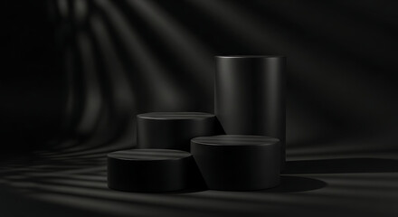 Dark minimalist podiums with dramatic palm leaf shadows, offering a sophisticated and moody stage for luxury product display
