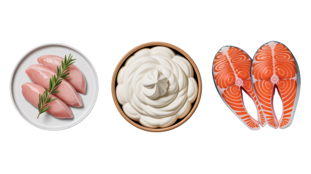 Delicious raw chicken breasts, creamy sauce, fresh salmon steaks for cooking