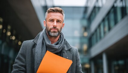 A professional middle-aged man with a beard and serious expression holding an orange folder while standing outdoors in an urban environment with modern glass buildings in the background