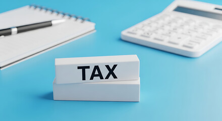 A white calculator, a notebook with a pen, and a block with the word tax on a bright blue background, symbolizing financial planning and tax season