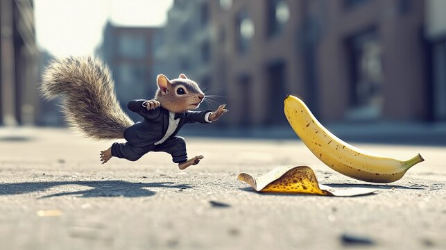A small, anthropomorphic squirrel wearing a black suit and bow tie is captured mid-stride, running on a paved city street. A banana and its peel lie on the grou